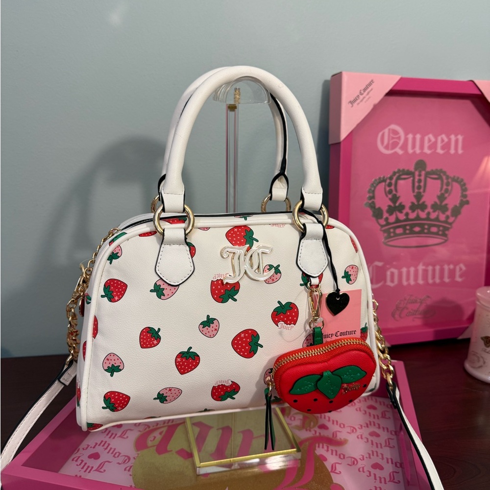 Juicy Couture White Strawberry Print Satchel with Red & Pink Accents